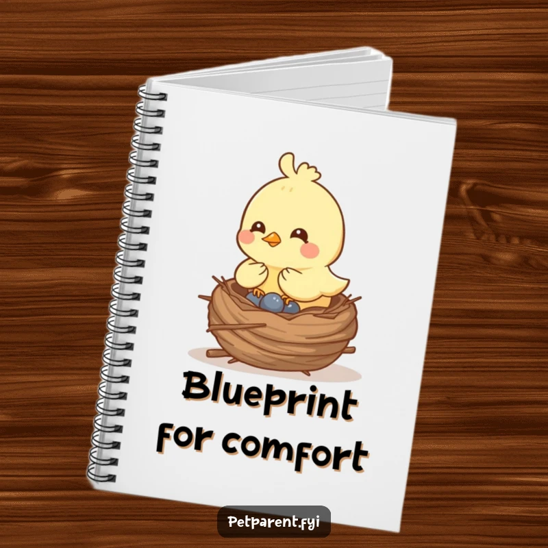 Funny cheerful bird character building a cozy nest in a notebook, perfect for jotting down ideas with a humorous twist.