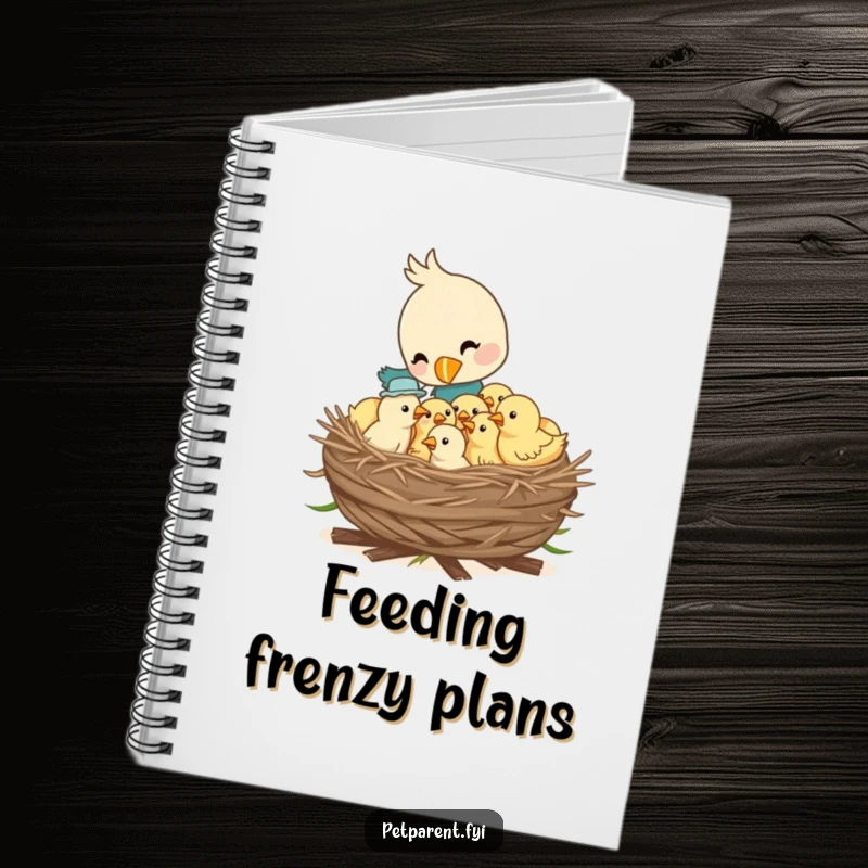 Funny notebook with a cover depicting a bird character feeding a nest full of hungry chicks, perfect for jotting down nature-inspired thoughts.