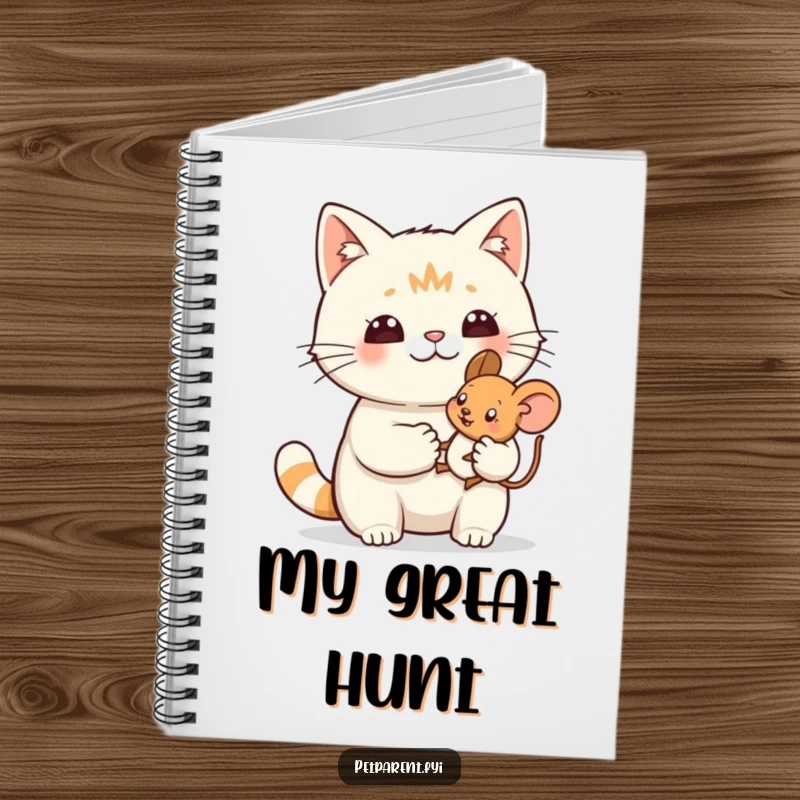 Funny notebook with a proud cat character and a tiny toy mouse cover, ideal for journaling proud moments.