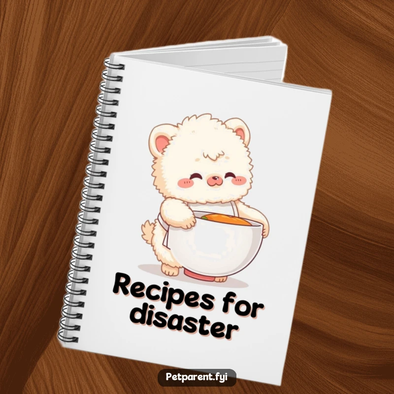 Funny notebook cover with a fluffy creature in a small apron fumbling with a giant food bowl, symbolizing comic cooking attempts.