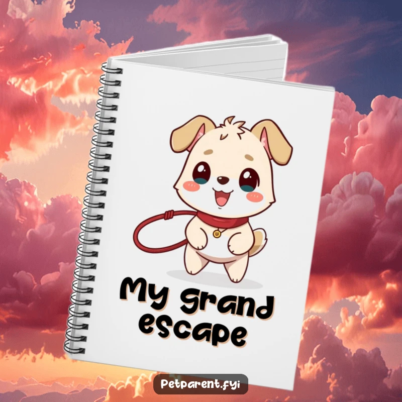 Funny notebook illustrating a happy animal character holding a leash and wagging its tail, ideal for note-taking.
