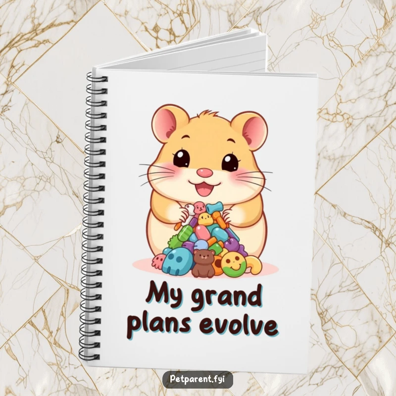 Funny notebook cover with a happy hamster proudly presenting colorful pet accessories, offering a humorous and pet-themed design.