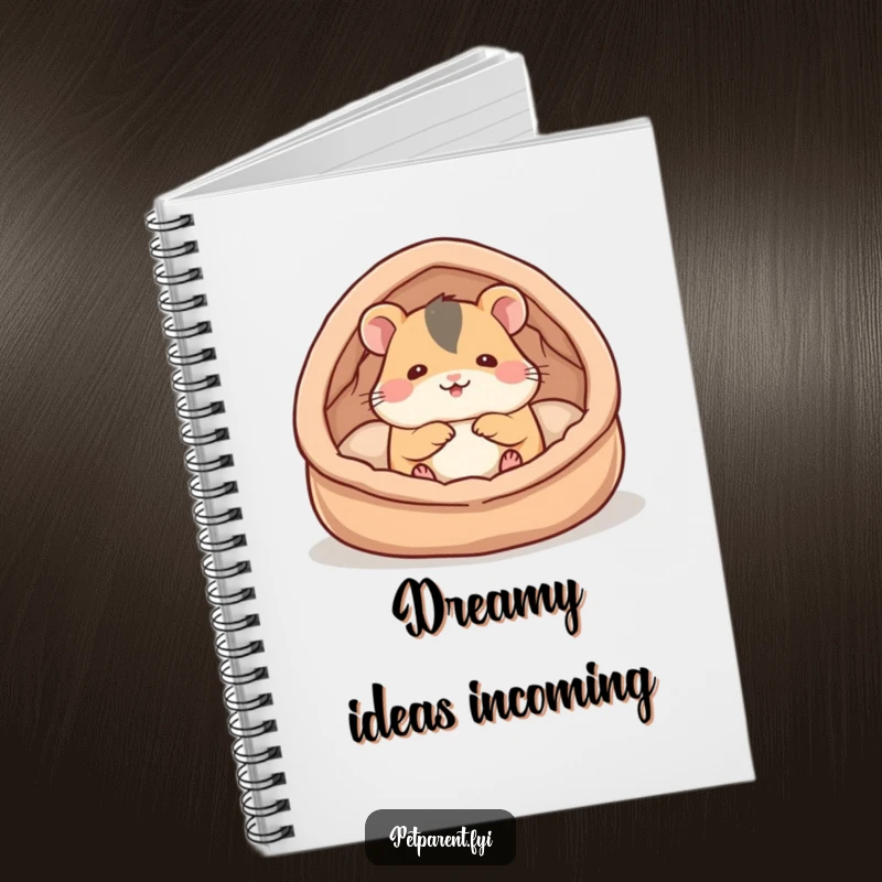 Funny hamster notebook with a cute hamster character building a cozy bed, ideal for creative writing and note-taking.