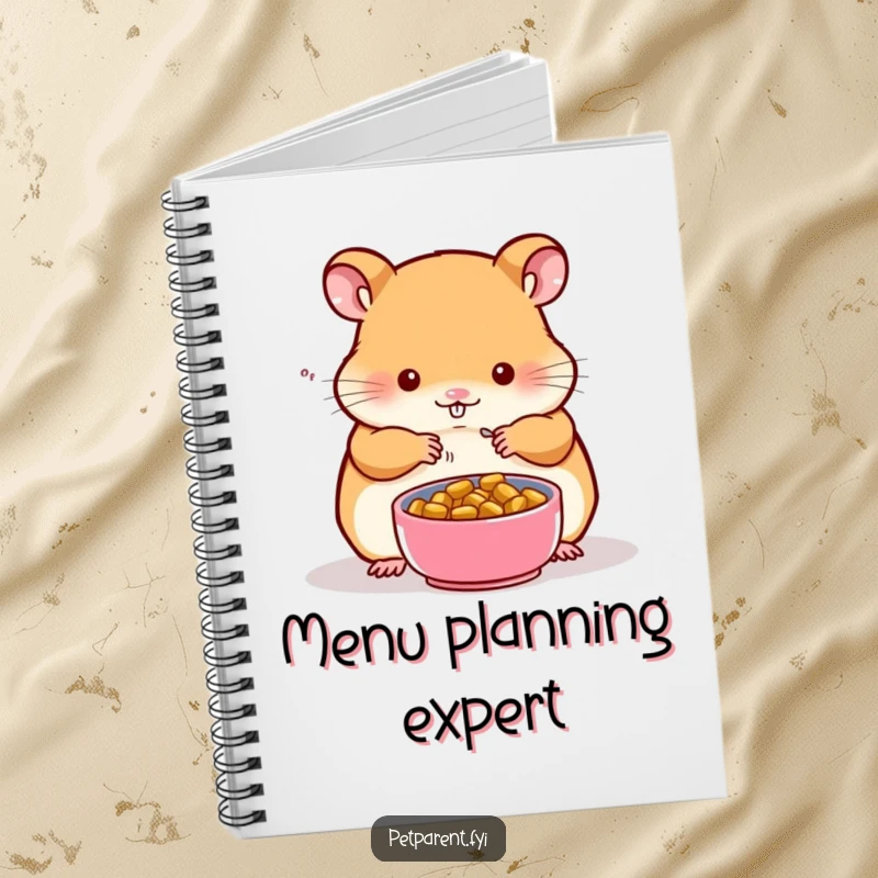 Funny notebook with a cover depicting a hamster character preparing a tiny food bowl for a companion, perfect for jotting down thoughts.