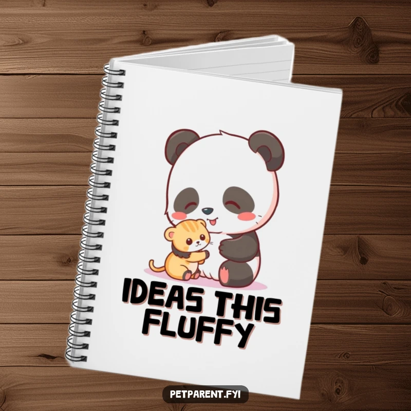 Funny notebook cover showing a happy panda gently petting a small, cute kitten, inspiring creativity.
