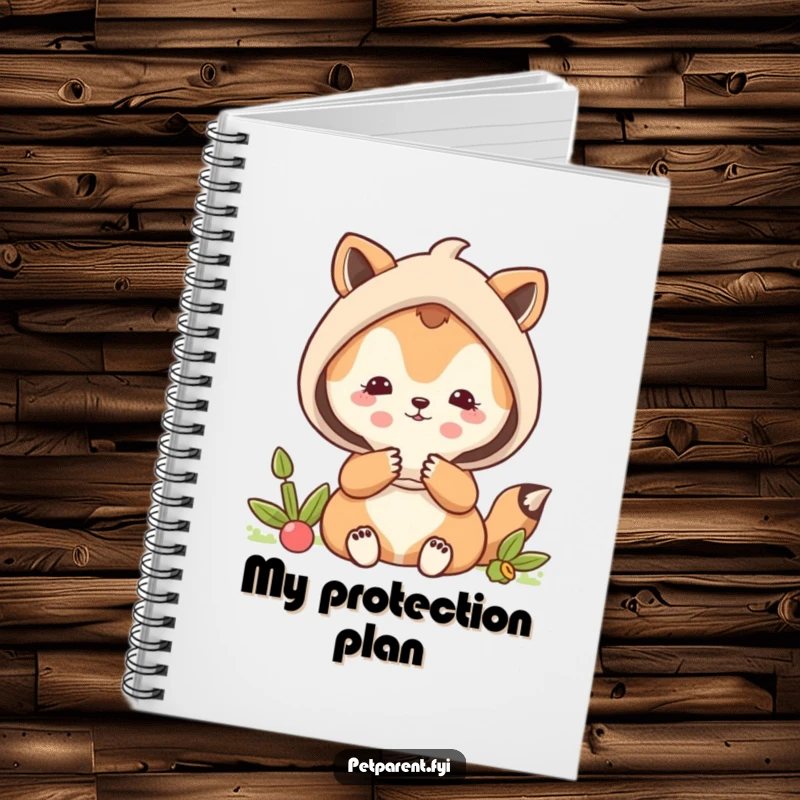 Funny protective animal character shielding a smaller animal, on the cover of a lined notebook.
