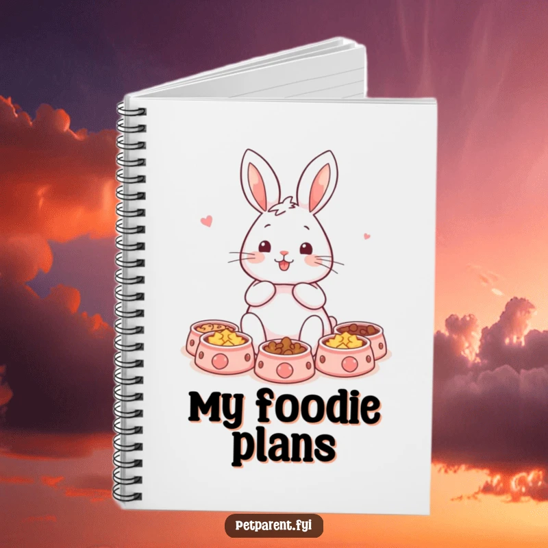 Funny rabbit notebook with a content character and small pet bowls, designed for writing pet notes with humor. A perfect funny gift.