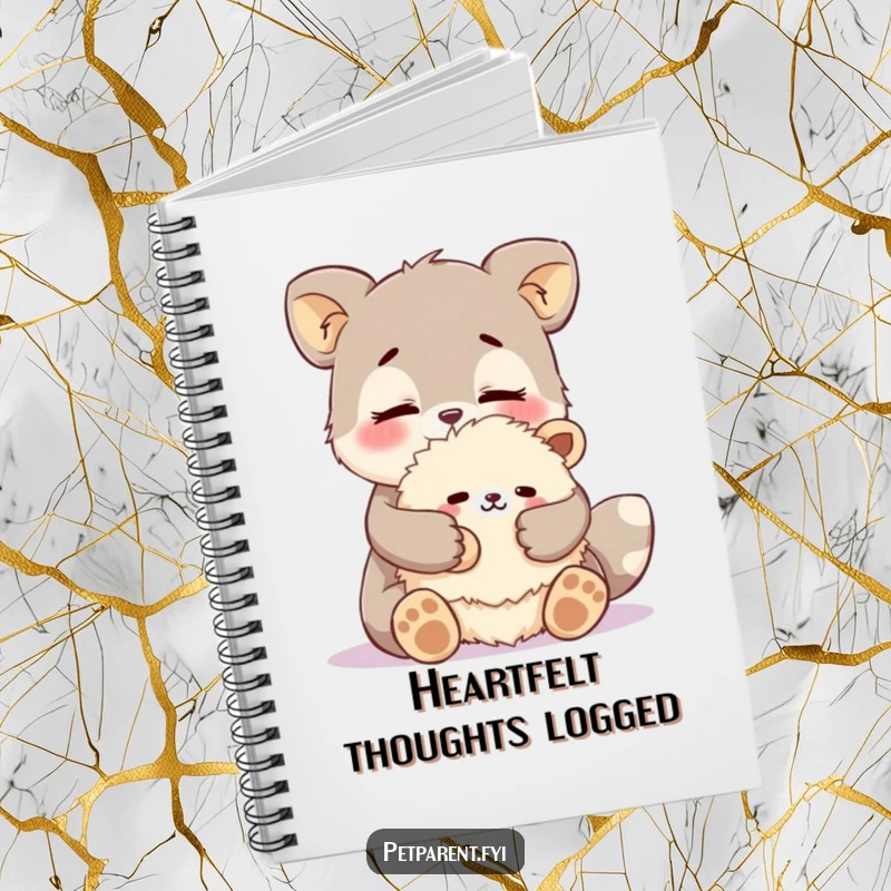 Funny affectionate animal notebook with a cover illustration of a character cuddling a fluffy stuffed animal. Humorous stationery gift.