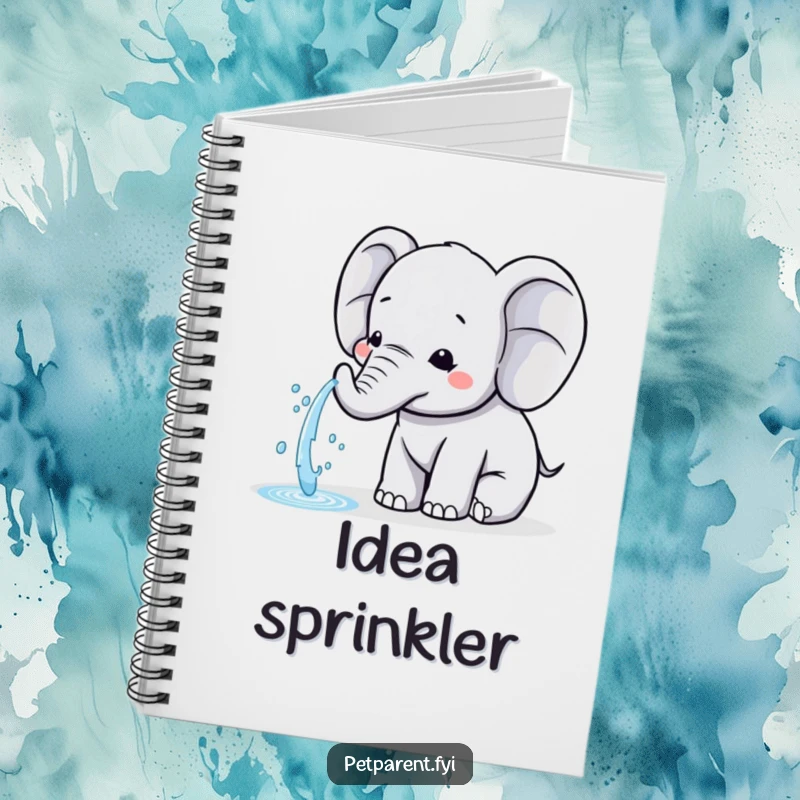Funny Kawaii Elephant Notebook: A cute Kawaii elephant character spraying water for a friend on the cover, ideal for notes.