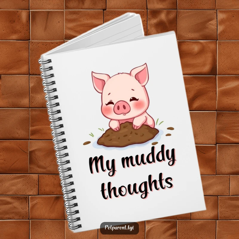 Funny Piglet Notebook featuring a blushing piglet offering a mud puddle, perfect for writing with a humorous and friendly touch.