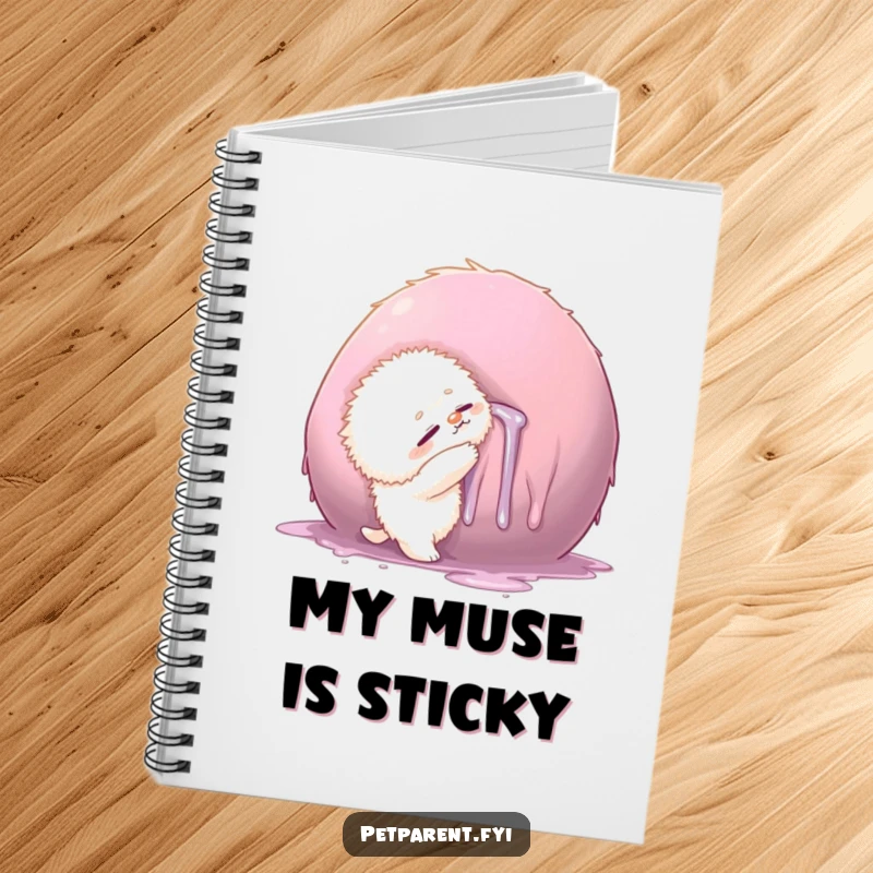 Funny notebook cover with a small fluffy creature hugging a large, drool-covered object, symbolizing comic affection.
