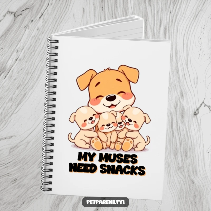 Funny notebook with a cover depicting a dog character tenderly cuddling three tiny puppies, perfect for jotting down sweet thoughts.