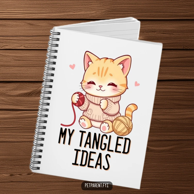 Funny notebook featuring a playful cat character in a sweater batting yarn, designed for capturing creative ideas.