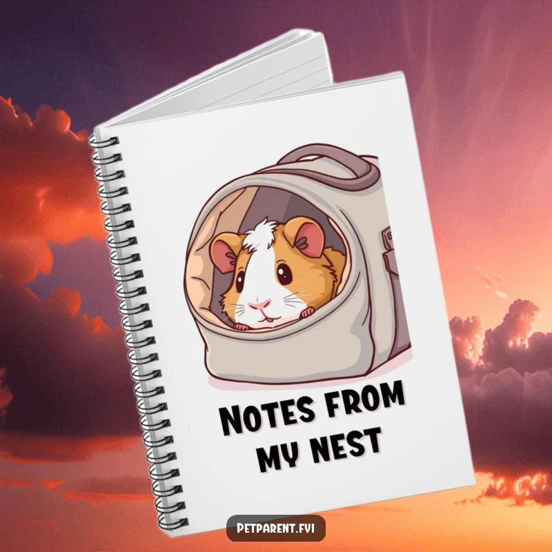Funny notebook cover with a content guinea pig peeking from a cozy carrier bag, offering a humorous and cozy critter-themed design.