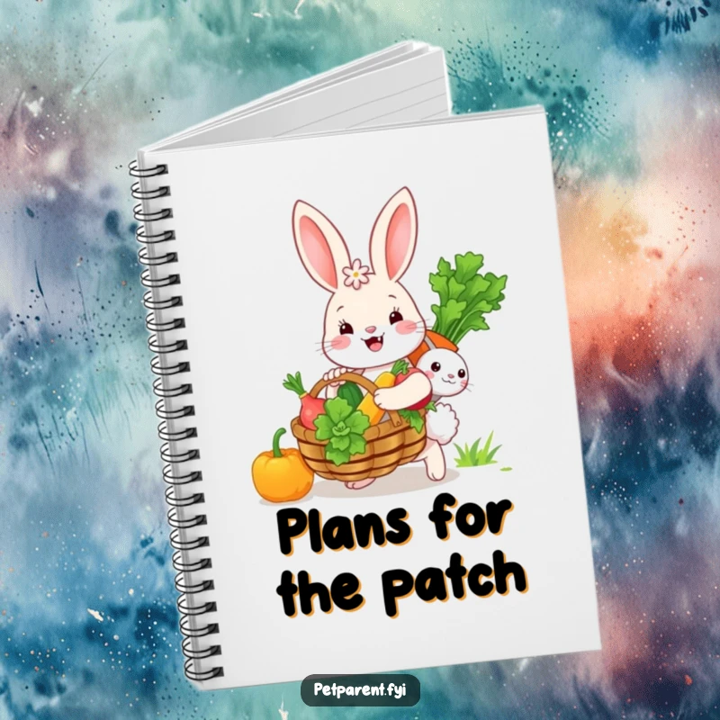 Funny bunny character holding a large basket of vegetables, ideal for notes and creative ideas, a cute notebook cover.