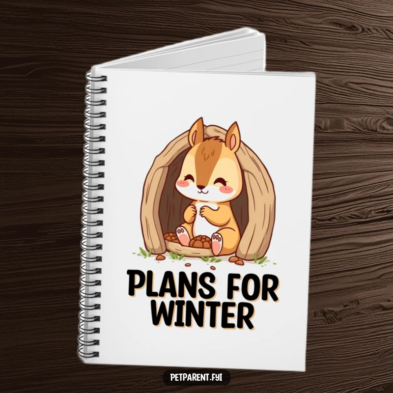 Funny and industrious squirrel character building a tiny den on the cover of a notebook, perfect for planning.