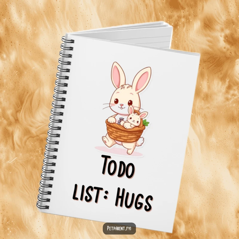 Funny notebook with a cover depicting a rabbit character carrying a baby bunny in a basket, perfect for jotting down sweet thoughts.