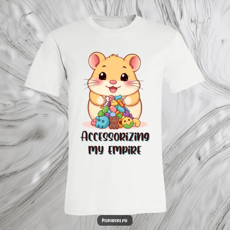 Funny t-shirt featuring a happy hamster proudly displaying a pile of colorful pet accessories, showcasing humorous pet ownership.