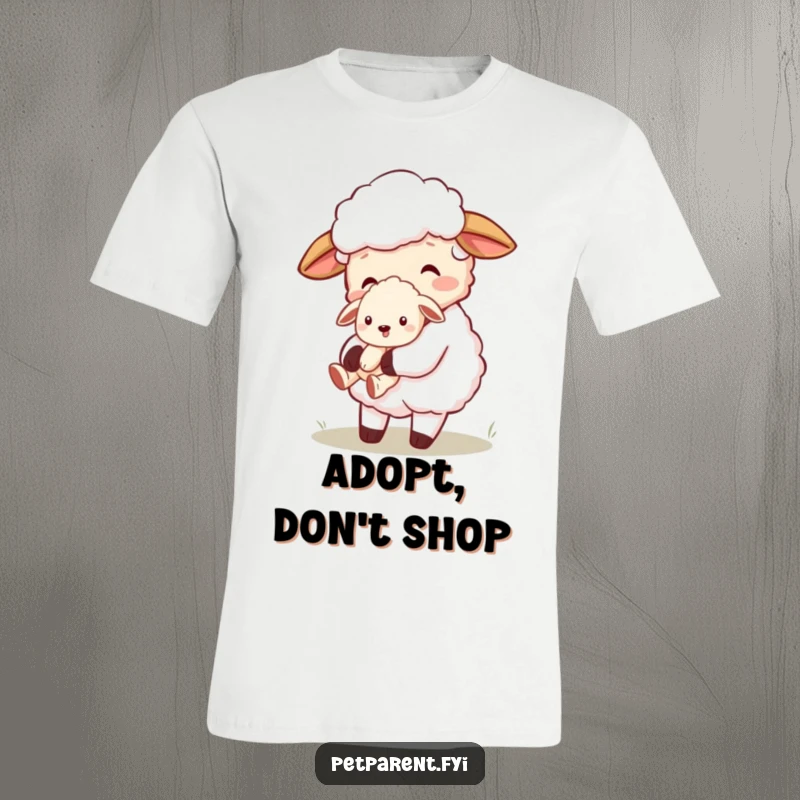 Funny cartoon sheep character gently holding a tiny, precious puppy, showcasing unconditional love on a comfortable graphic t-shirt.