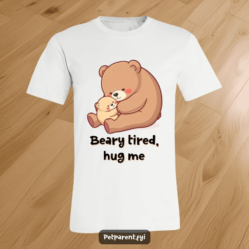 Funny bear rocking cub t-shirt, a nurturing bear character gently rocking a small cub, emphasizing tenderness and humor.
