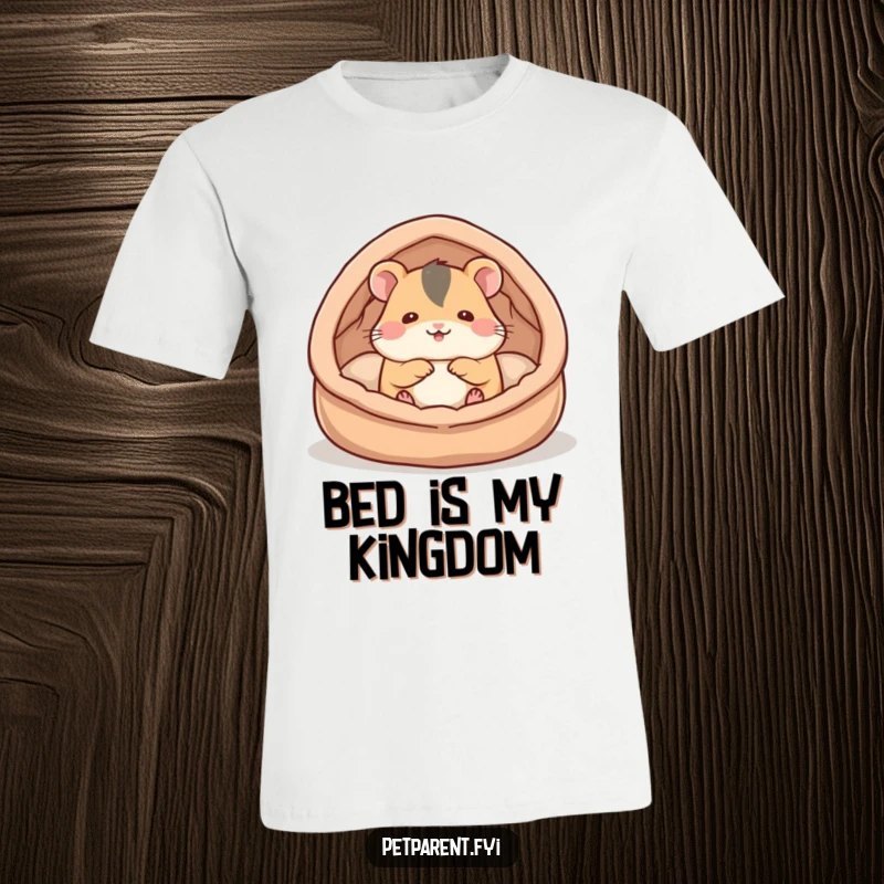 Funny hamster t-shirt with a cute hamster character building a soft, inviting bed, perfect for anyone who loves comfort and small pets.