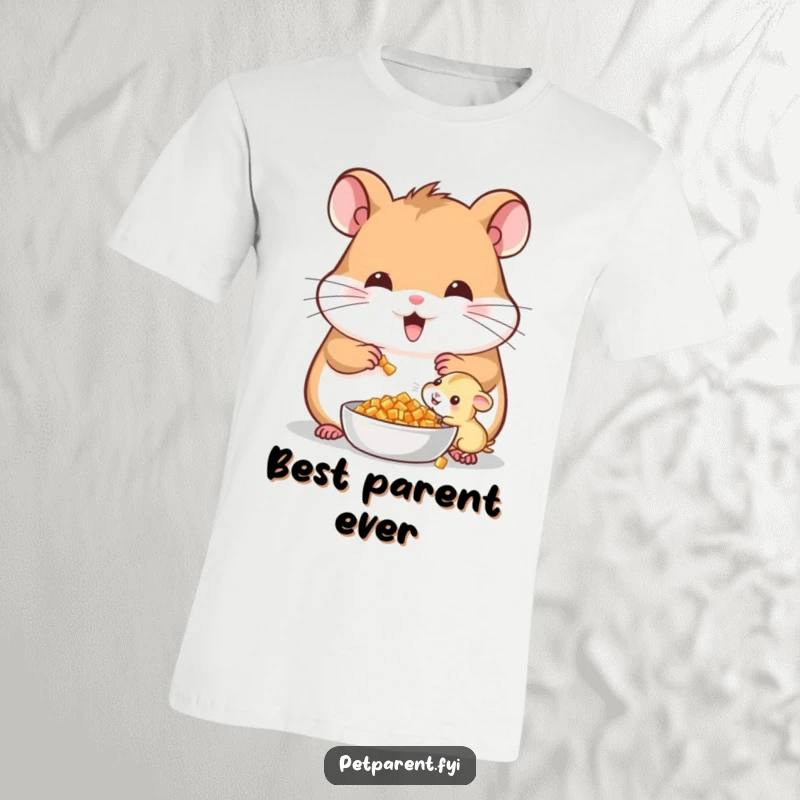 Funny Cheerful Hamster T-Shirt: A cheerful hamster shares food with a baby, perfect for a funny family gift.