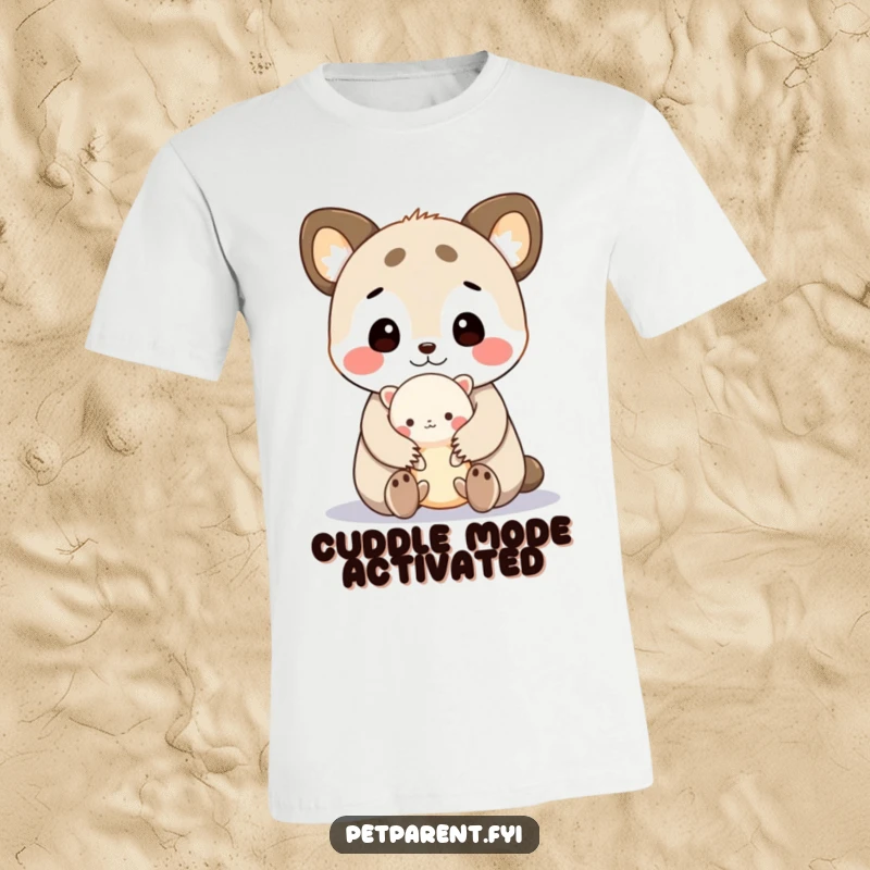 Funny t-shirt with a cute animal character tenderly cuddling a tiny creature, humorously showcasing sweet friendship and comfort.