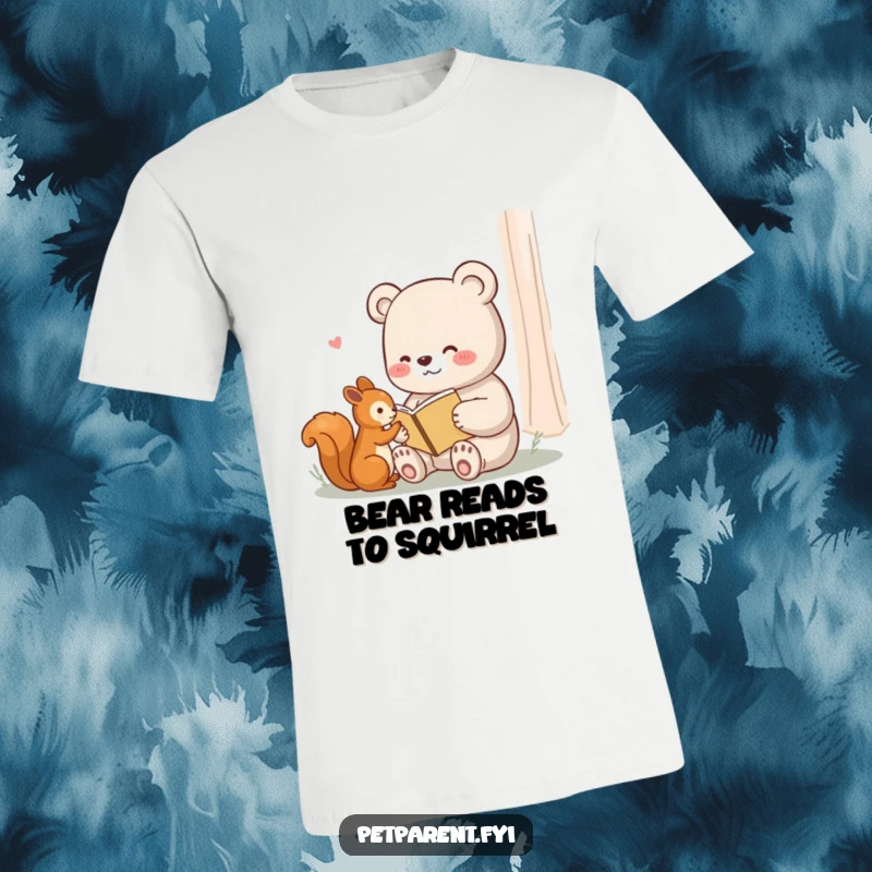 Funny t-shirt depicting a content bear reading a tiny book to a squirrel, celebrating friendship and literature.
