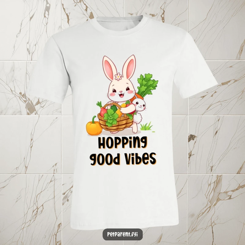 Funny bunny character proudly carrying a large basket brimming with colorful vegetables for its loving brood, a humorous scene.