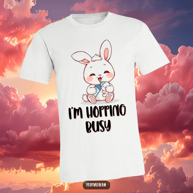 Funny bunny feeding time t-shirt, smiling bunny character bottle-feeding a tiny baby bunny, emphasizing gentle humor and parental love.