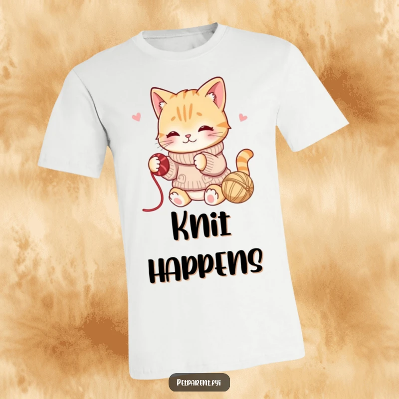 Funny t-shirt depicting a playful cat in a sweater batting yarn, perfect for cozy and amusing moments.