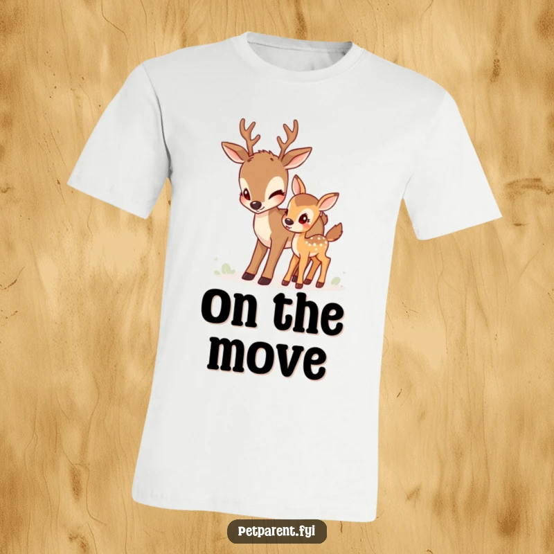 Funny deer t-shirt featuring a caring doe nudging her young fawn along a path, symbolizing encouragement and maternal love.