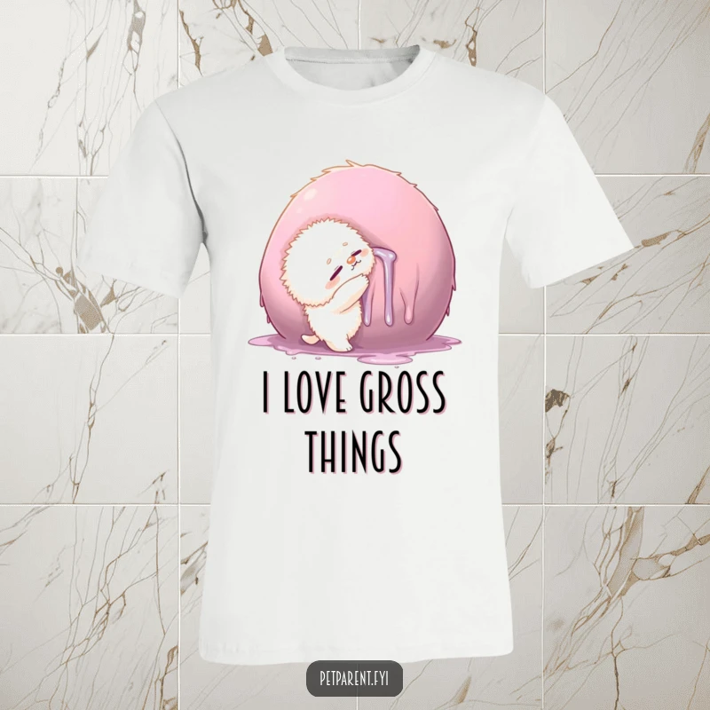 Funny t-shirt showing a small fluffy creature giving a big hug to an oversized, drool-covered object, depicting comic affection.