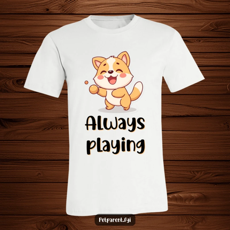 Funny T-Shirt with a delighted animal character enthusiastically playing fetch. A fantastic funny gift for pet owners and outdoor enthusiasts.