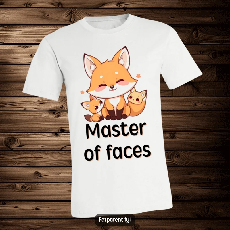 Funny t-shirt with a playful fox character sticking out its tongue making a silly face at a small friend, capturing humorous interaction.