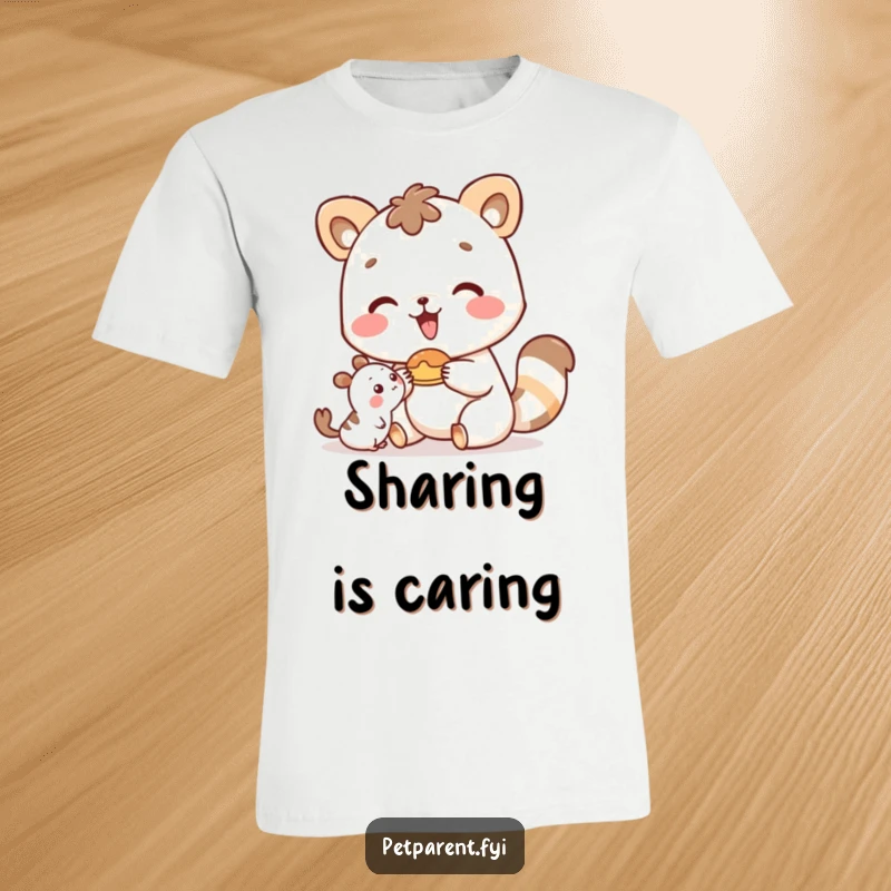 Funny happy animal character kindly offering a food item to a small friend on a comfortable t-shirt.