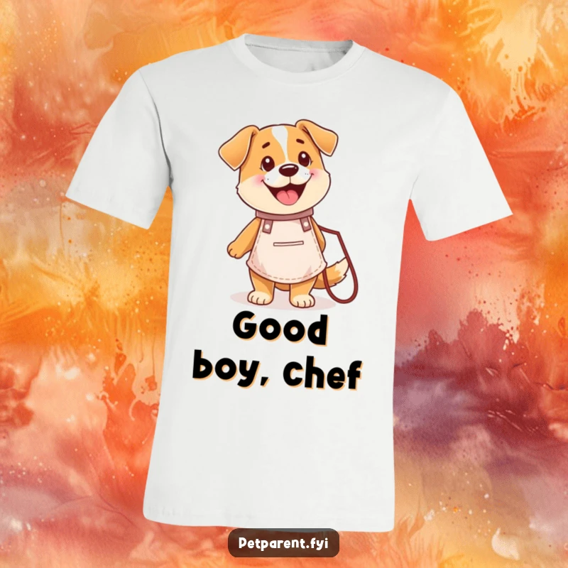 Funny t-shirt depicting a happy dog in a chef apron holding a leash, ready for walks and meals.