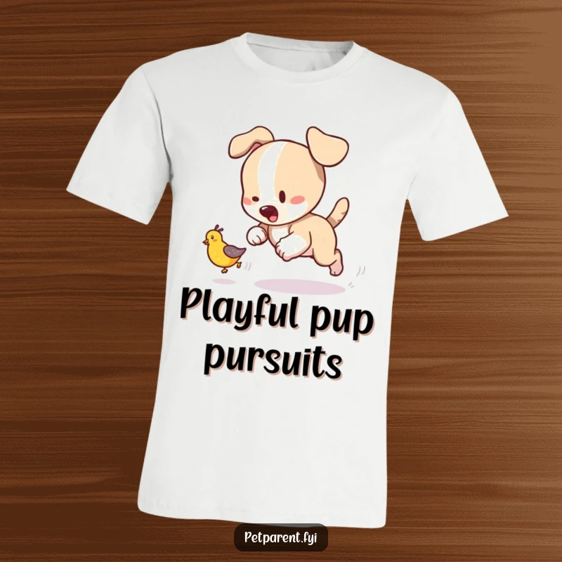 Funny playful puppy t-shirt, depicting a dog enthusiastically chasing a tumbling baby bird, full of joyful energy.