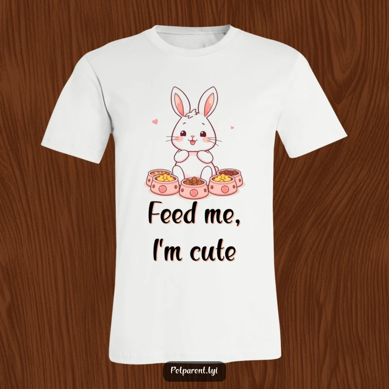 Funny rabbit t-shirt featuring a content character surrounded by miniature pet food bowls. A humorous gift for dedicated pet owners.