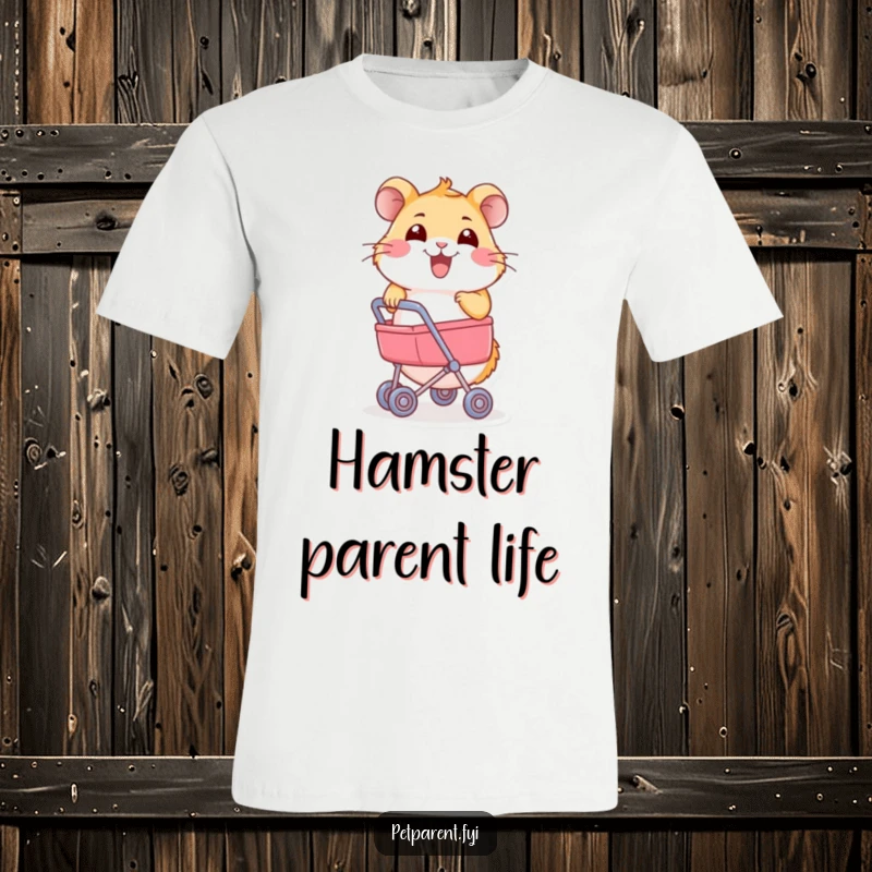 Funny Hamster T-Shirt: A joyful hamster pushes a tiny stroller with enthusiasm. A great funny gift.