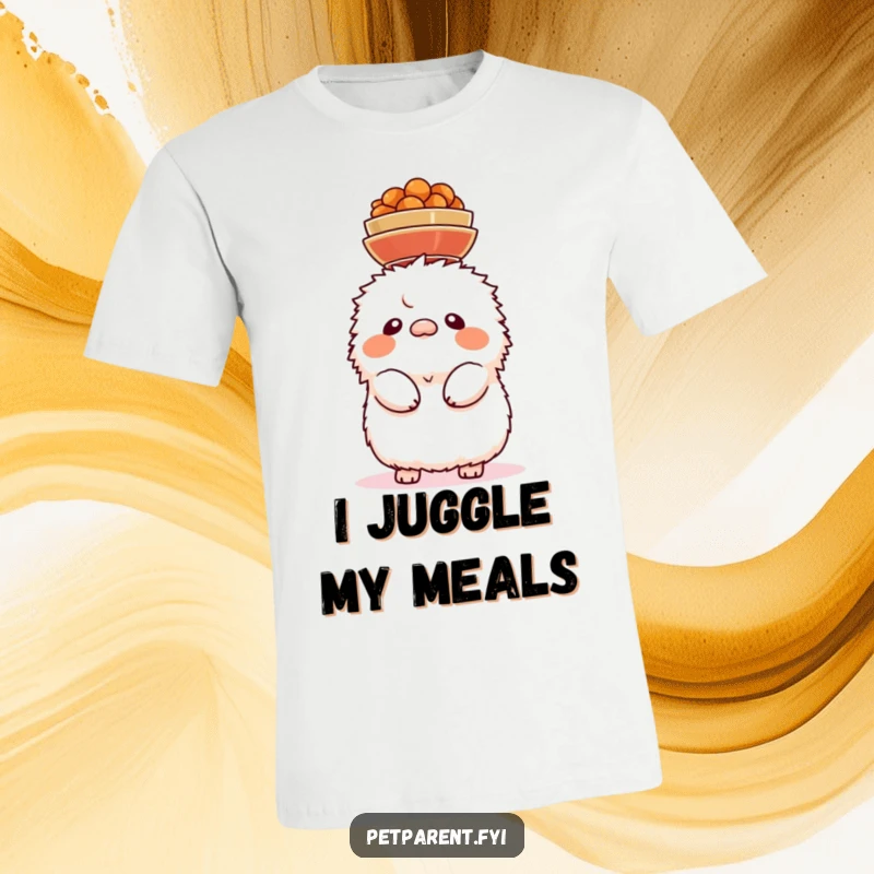 Funny t-shirt with a fluffy creature precariously balancing food bowls on its head, symbolizing comic struggle and coordination.