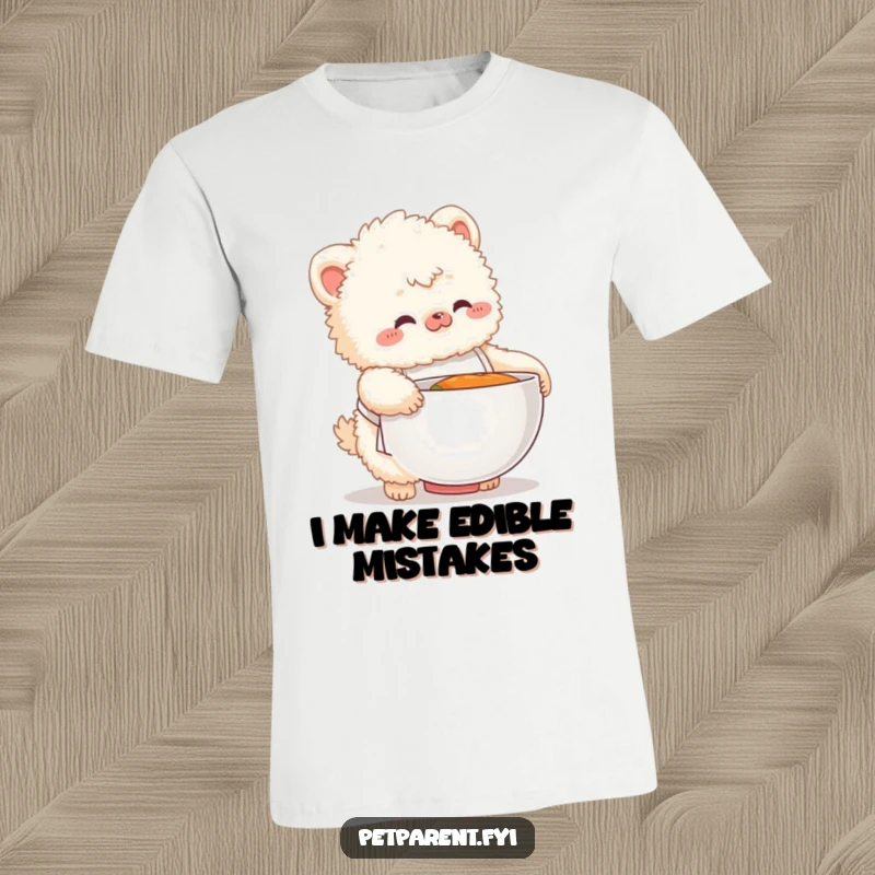 Funny t-shirt with a fluffy creature in a small apron struggling with an oversized food bowl, depicting comic culinary chaos.
