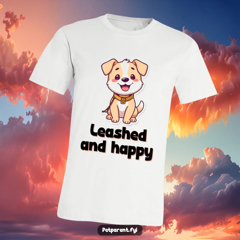 Funny Dog T-Shirt: A happy dog with a tiny leash and collar is eager for outdoor fun. A great funny gift.