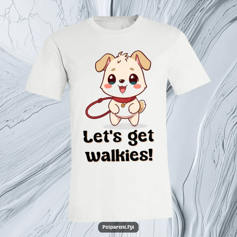 Funny t-shirt showing a happy animal character holding a leash, tail wagging furiously, embodying pure excitement for a walk.