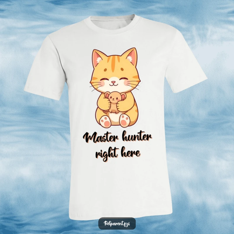 Funny Proud Cat T-Shirt: A proud cat character holds a toy mouse, showcasing their funny hunting success.