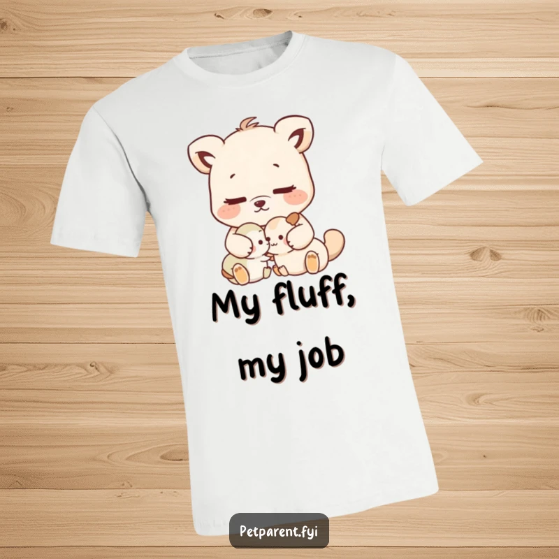 Funny nurturing animal character gently grooming a smaller animal, on a comfortable t-shirt.