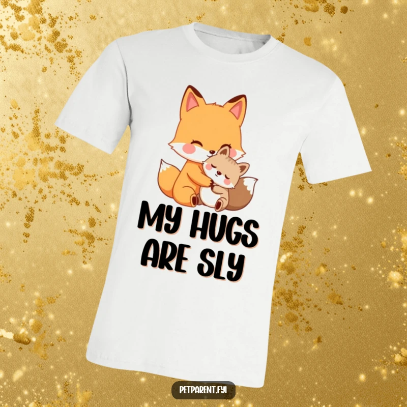 Funny fox hug t-shirt, a caring fox character giving a warm hug to a smaller animal, emphasizing warmth and humor.