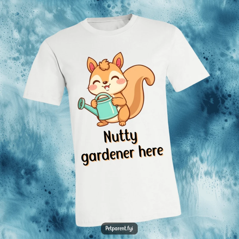 Funny t-shirt depicting a happy squirrel with a watering can, symbolizing growth and joyful gardening.