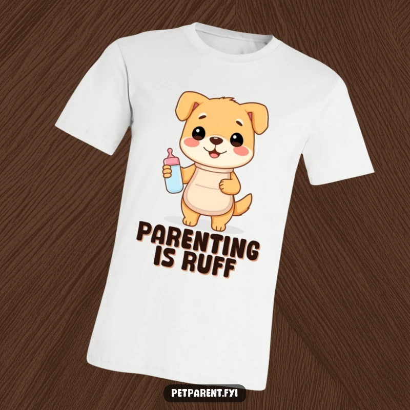 Funny t-shirt featuring a cheerful dog in a tiny apron holding a baby bottle, embodying humorous care and love.
