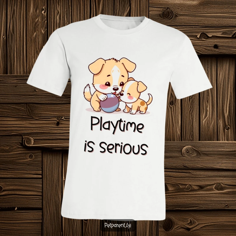 Funny Dog T-Shirt depicting a playful dog offering a squeaky toy to a curious puppy, showcasing heartwarming canine camaraderie.